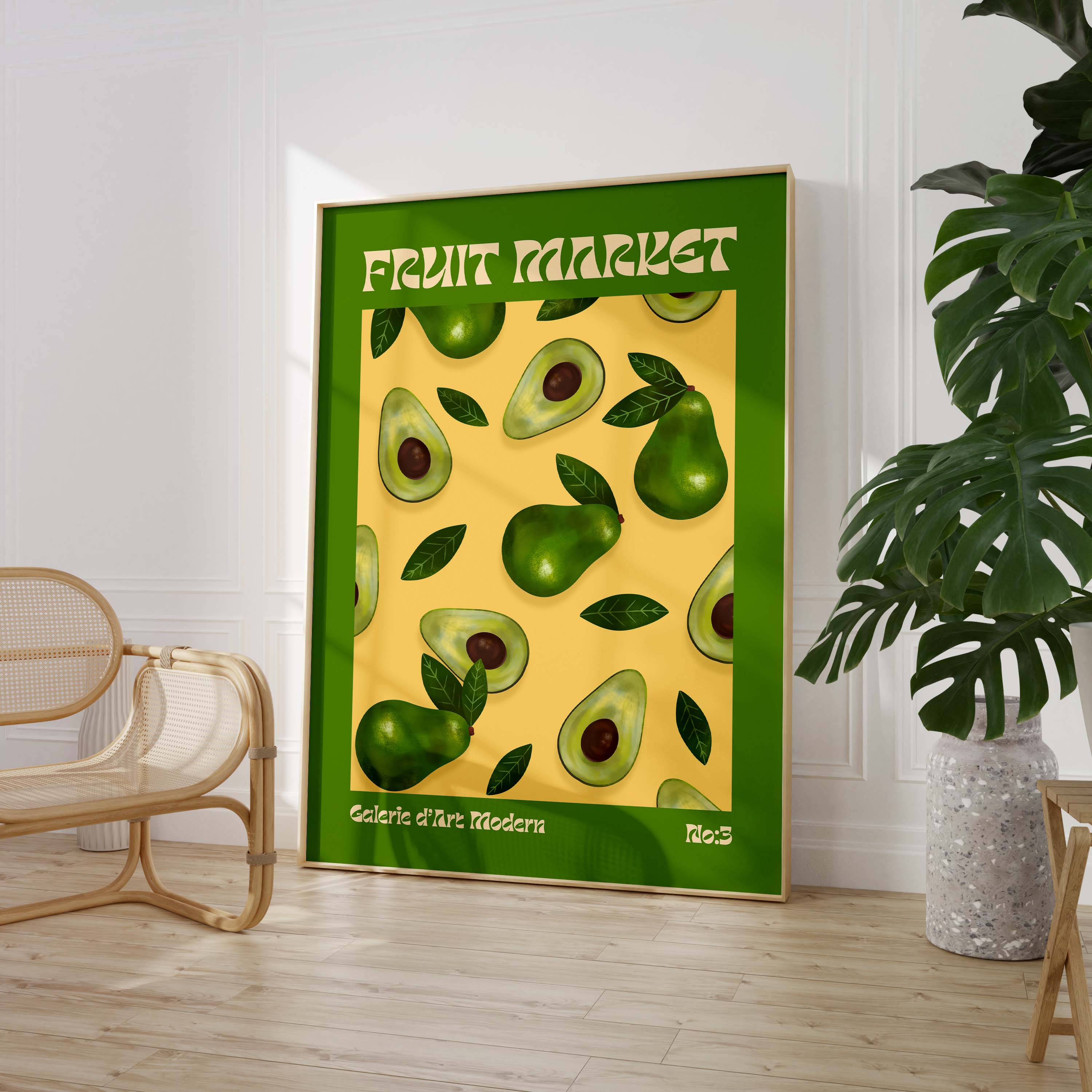 Fruit Market Poster · Avocado Pattern Artwork · Retro Modern Illustration · Minimal Pop Art Design · Moderne Wandkunst · Print ohne Rahmen