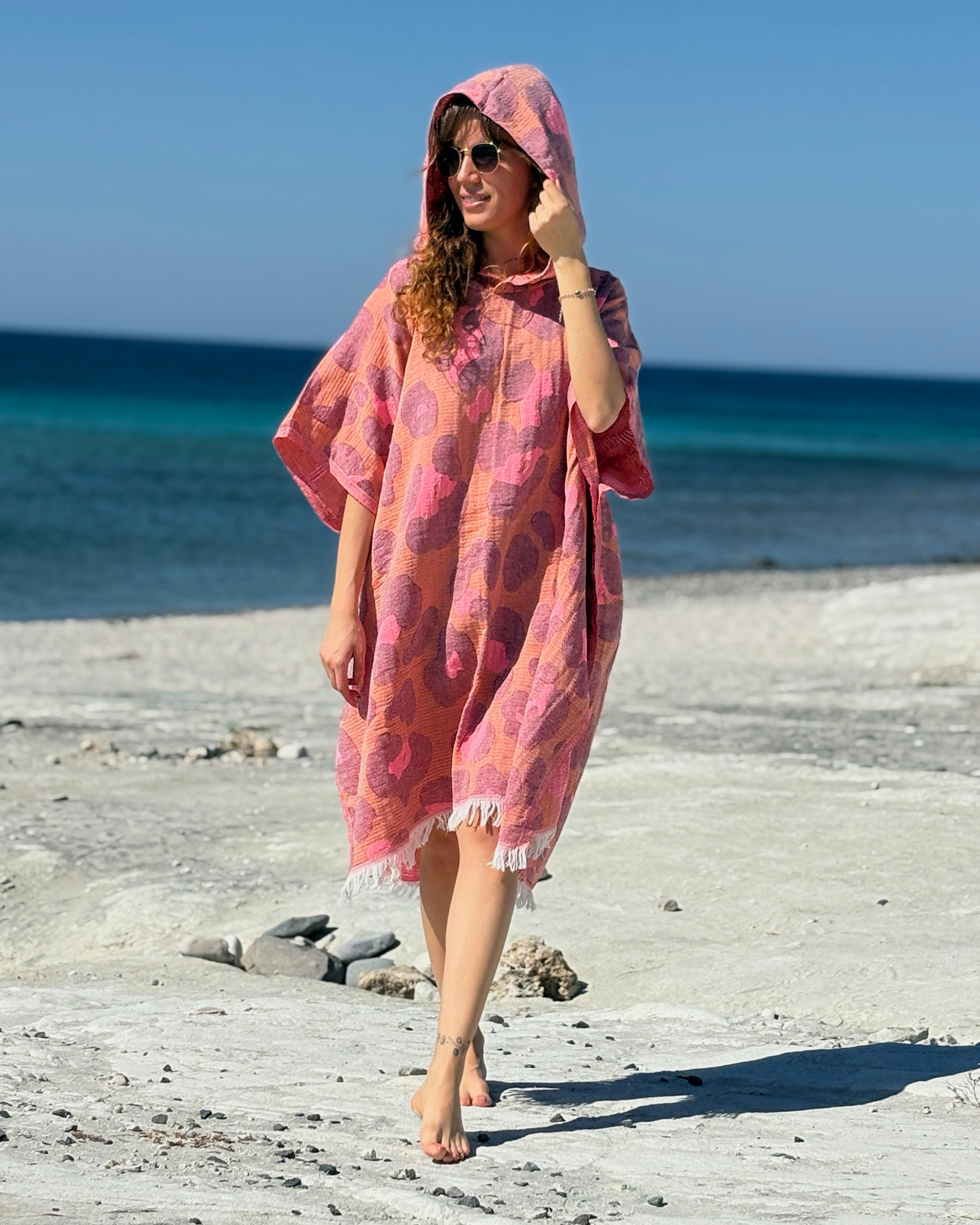 Women's Changing Poncho Neon Safari Camel & Rose – Jacquard Cotton
