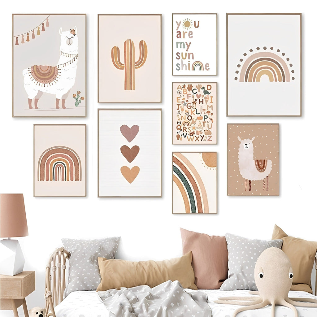 Poster Kinderzimmer Alpaka Regenbogen Kaktus Zeichentrick · Kinderzimmer Bilder · Wand Deko · Kunst Druck · Deko Print · ohne Rahmen-1