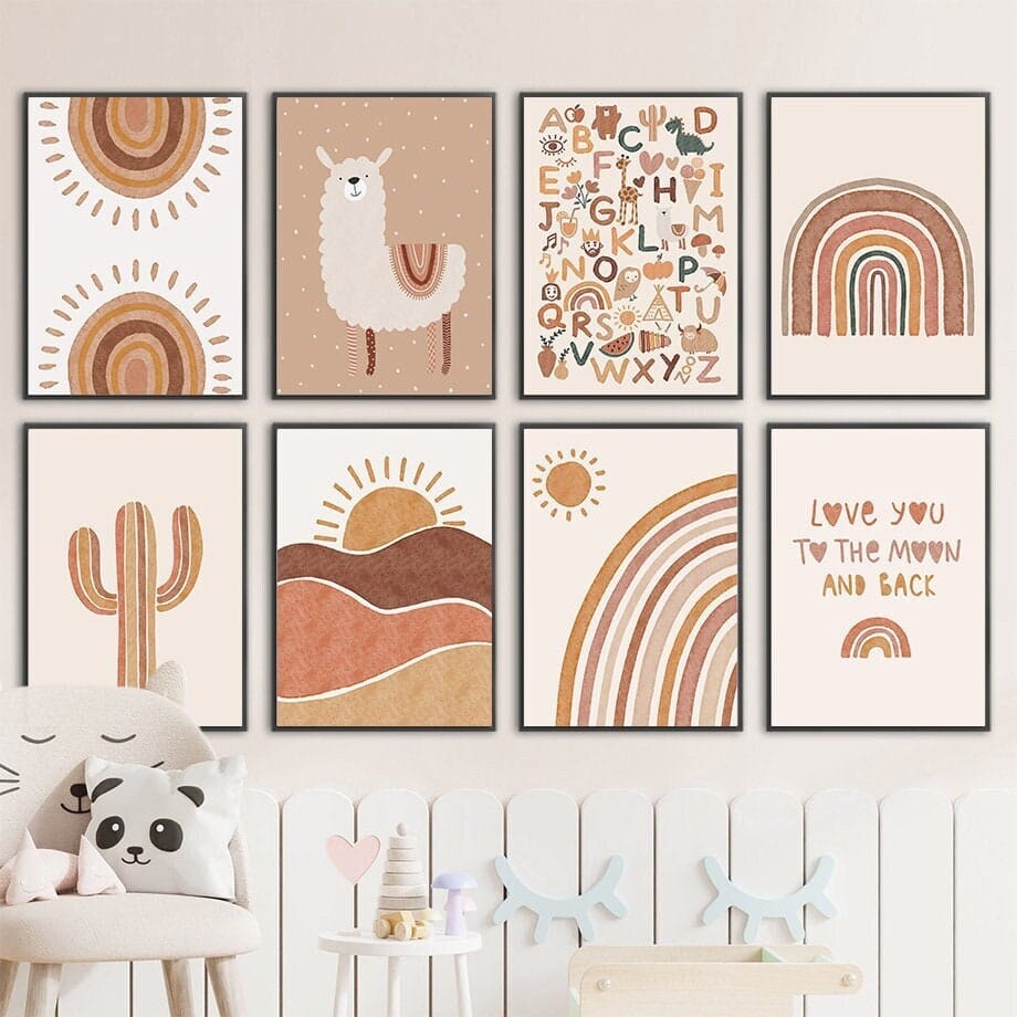Poster Kinderzimmer Alpaka Regenbogen Kaktus Zeichentrick · Kinderzimmer Bilder · Wand Deko · Kunst Druck · Deko Print · ohne Rahmen